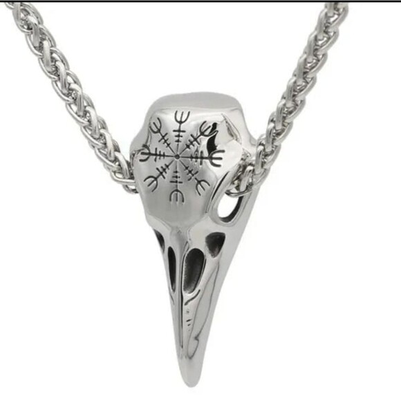 Viking Rune Crow Pendant Necklace Stainless Steel Crow Skull Pendant Amulet Men - Picture 1 of 1
